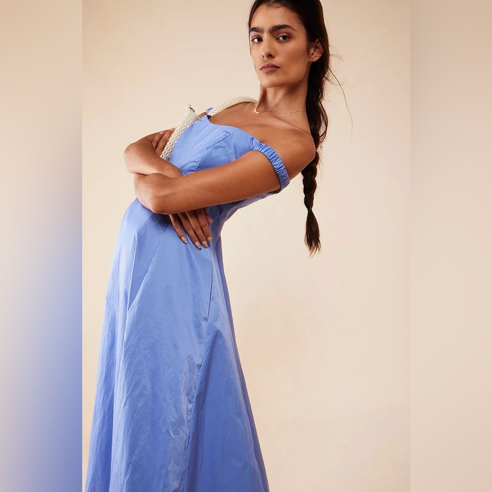NWT Free People ALINDA Midi Off-Shoulder Dress w/Pockets Blue Iris Gown Nylon - Picture 3 of 12